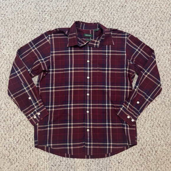 Orvis Other - Orvis Mens Large Classic Fit Wrinkle Free Plaid Button Down Shirt Burgundy Navy